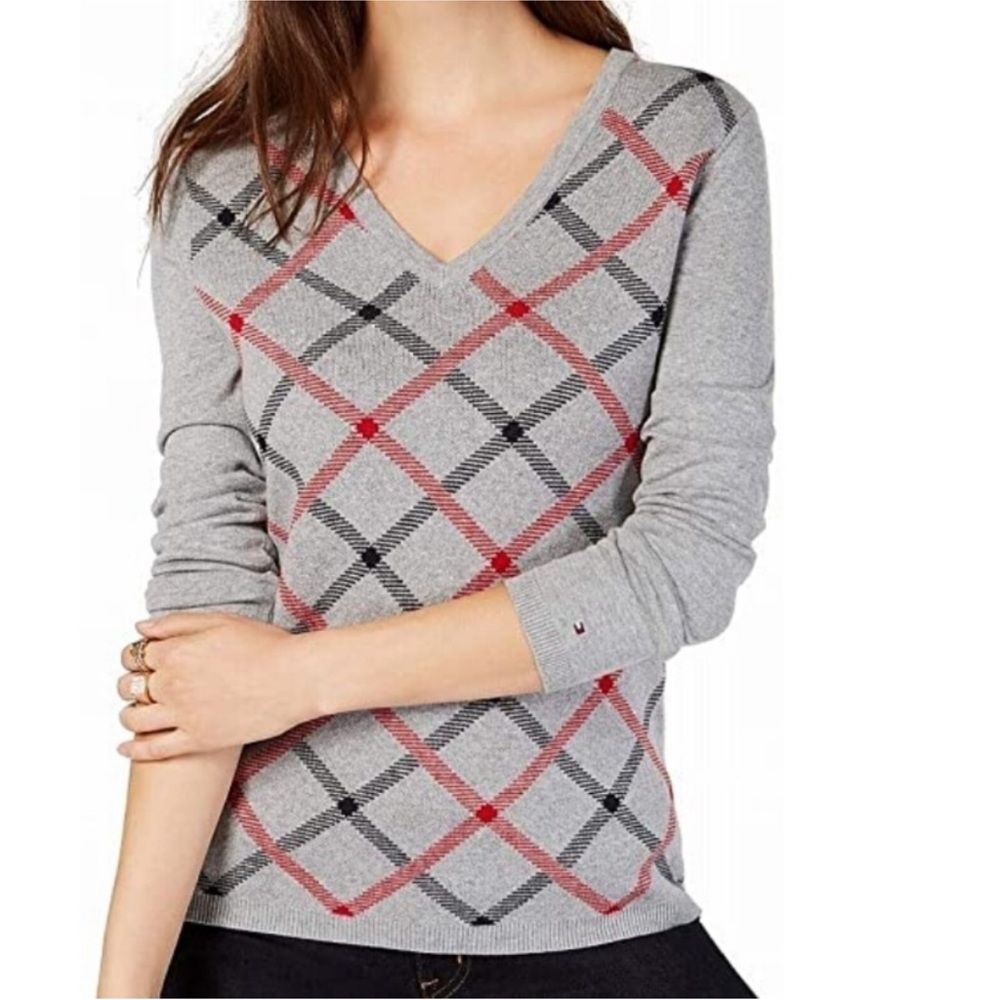 TOMMY HILFIGER Gray Plaid V neck Sweater Women’s Large